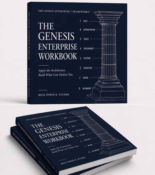 Front and angled views of The Genesis Enterprise Workbook by Rock Power K. Ntumba with a blueprint column diagram.