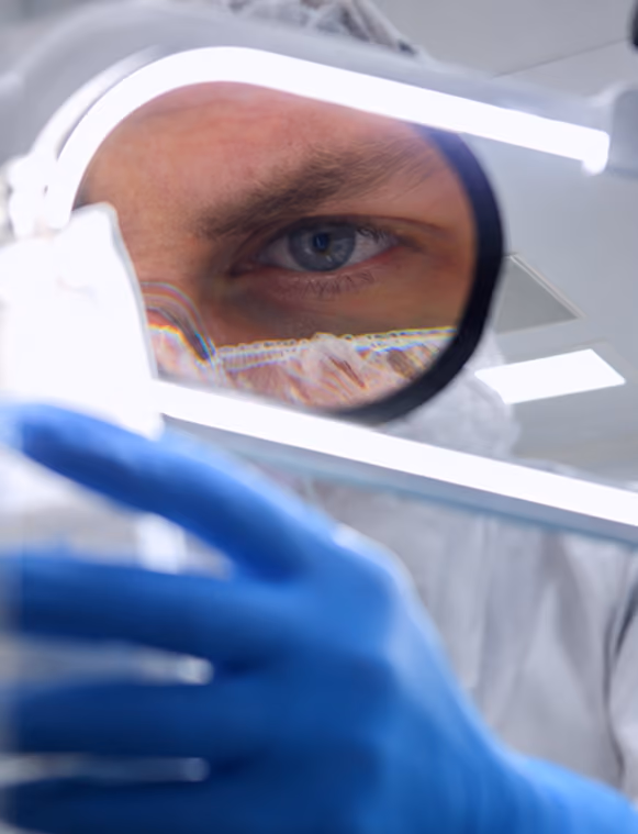 Scientist wearing gloves and protective gear closely examines a sample through a magnifying glass.