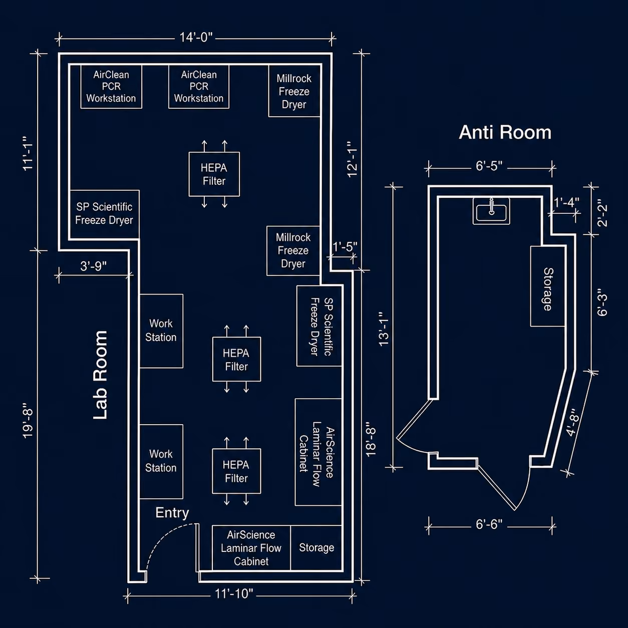 Blueprint floor plan showing a 389 sq ft lab room and an 85 sq ft cleaning room with labeled equipment.