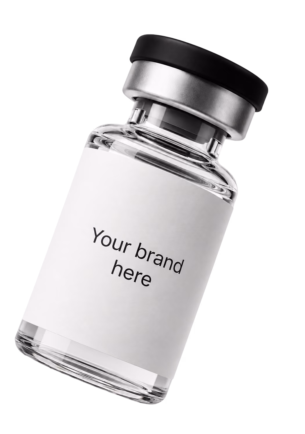 Clear glass vial with black cap and white label reading 'Your brand here' against black background.