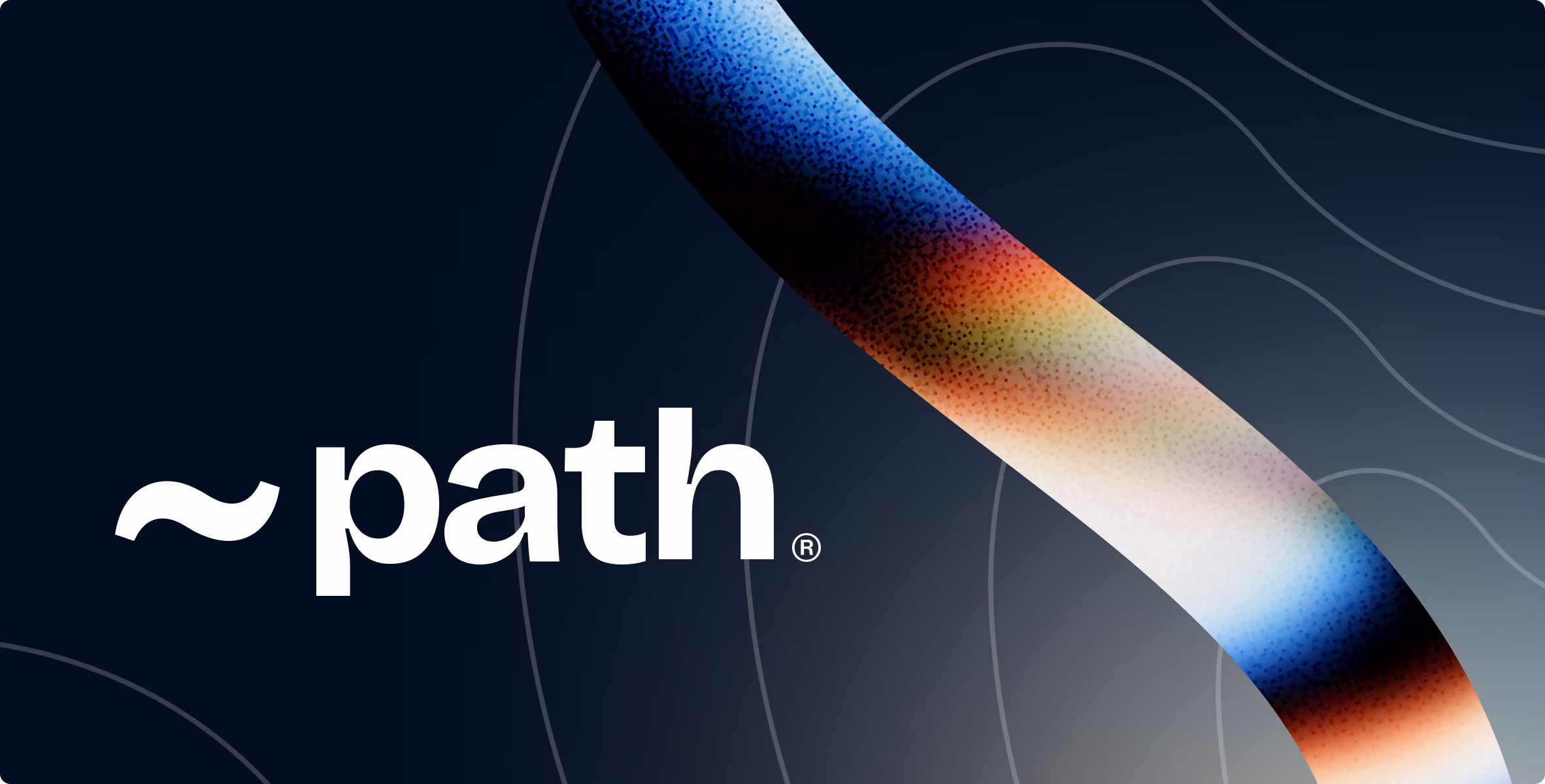 White text '~ path' on dark background with colorful curved band and contour lines.