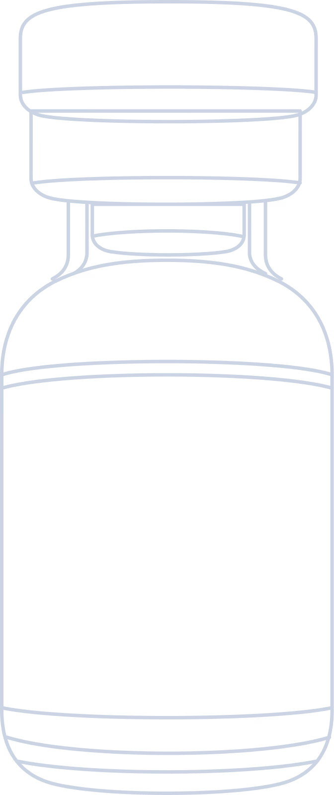 Line drawing of a vial with a wide body, narrow neck, and a round cap.