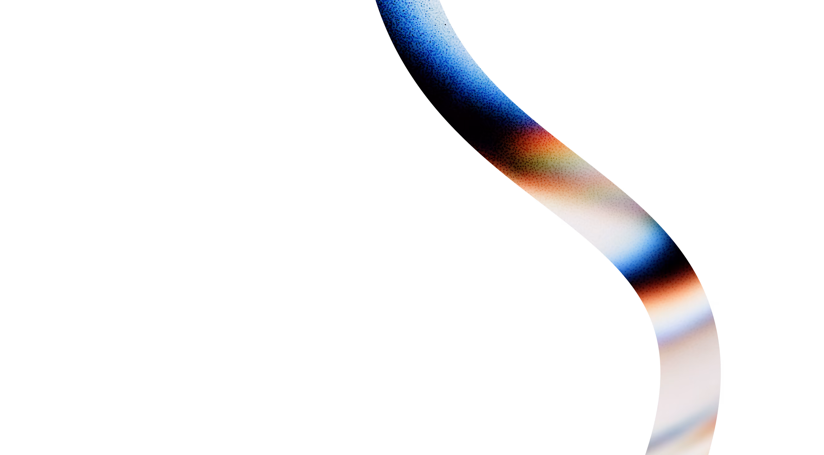 Curved ribbon-like shape with blue, white, and reddish gradient on black background.