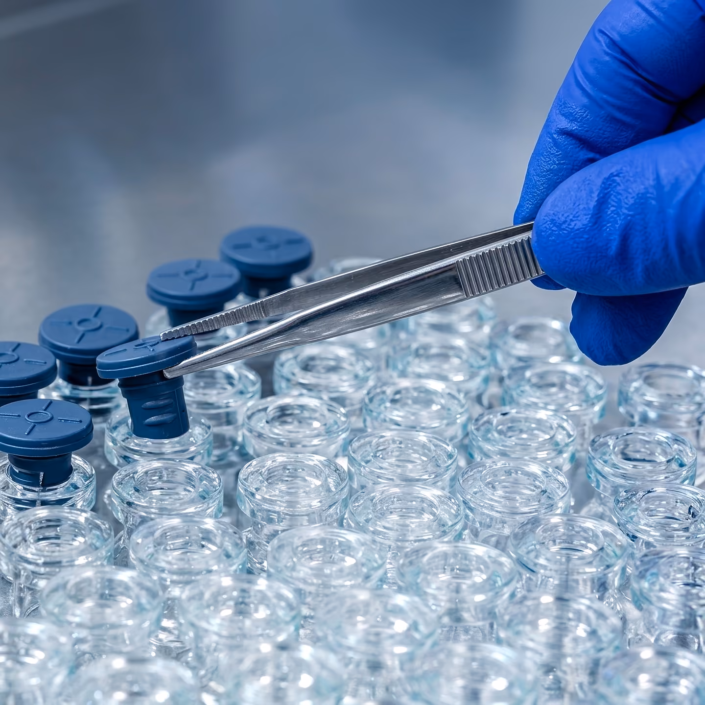 Gloved hand using tweezers to place blue caps on empty clear glass vials in a lab setting.