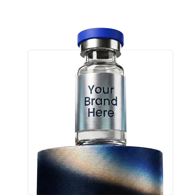 Vial with blue cap and metallic label reading Your Brand Here