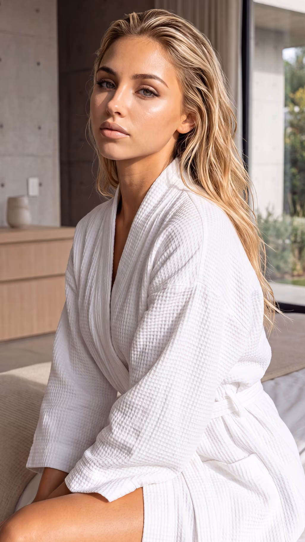 Ambassador Emily Carter White Waffle Robe Spa Day