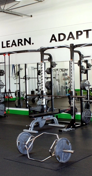 An indoor gym featuring multiple squat racks, weight benches, barbells, and dumbbells on a rubber floor, with the motivational phrase "STRUGGLE. LEARN. ADAPT. SUCCEED." painted in large letters across the back wall.