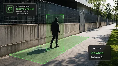 Person loitering detected in a monitored zone with a confidence of 92%, labeled Perimeter B violation.