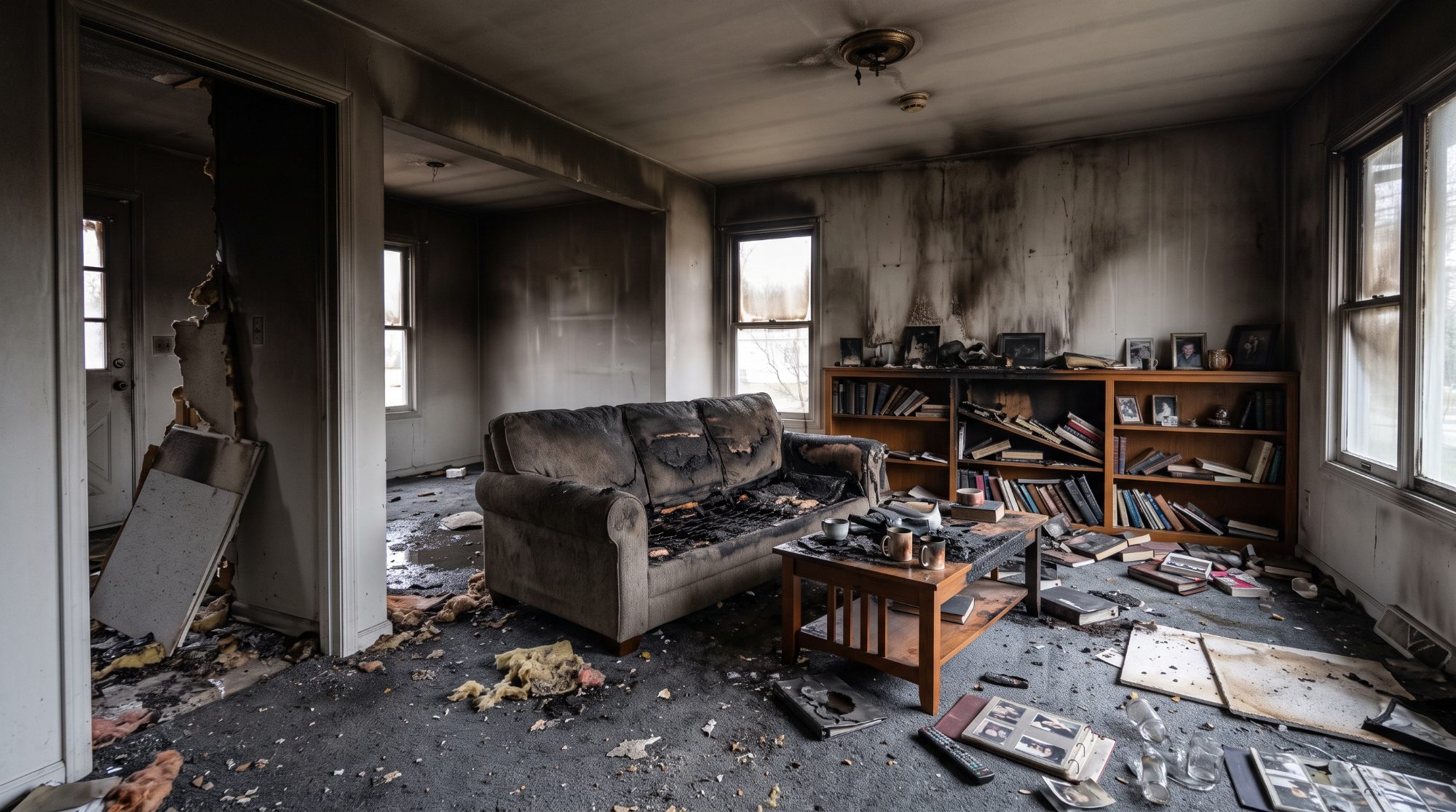Burned-out residential living room after a house fire