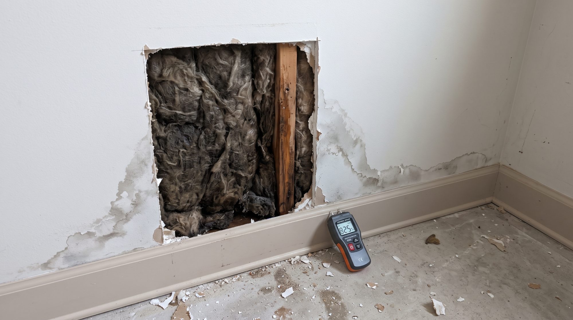 Wet insulation and framing exposed behind cut drywall