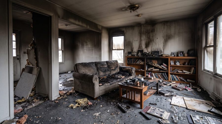 Burned-out residential living room after a house fire
