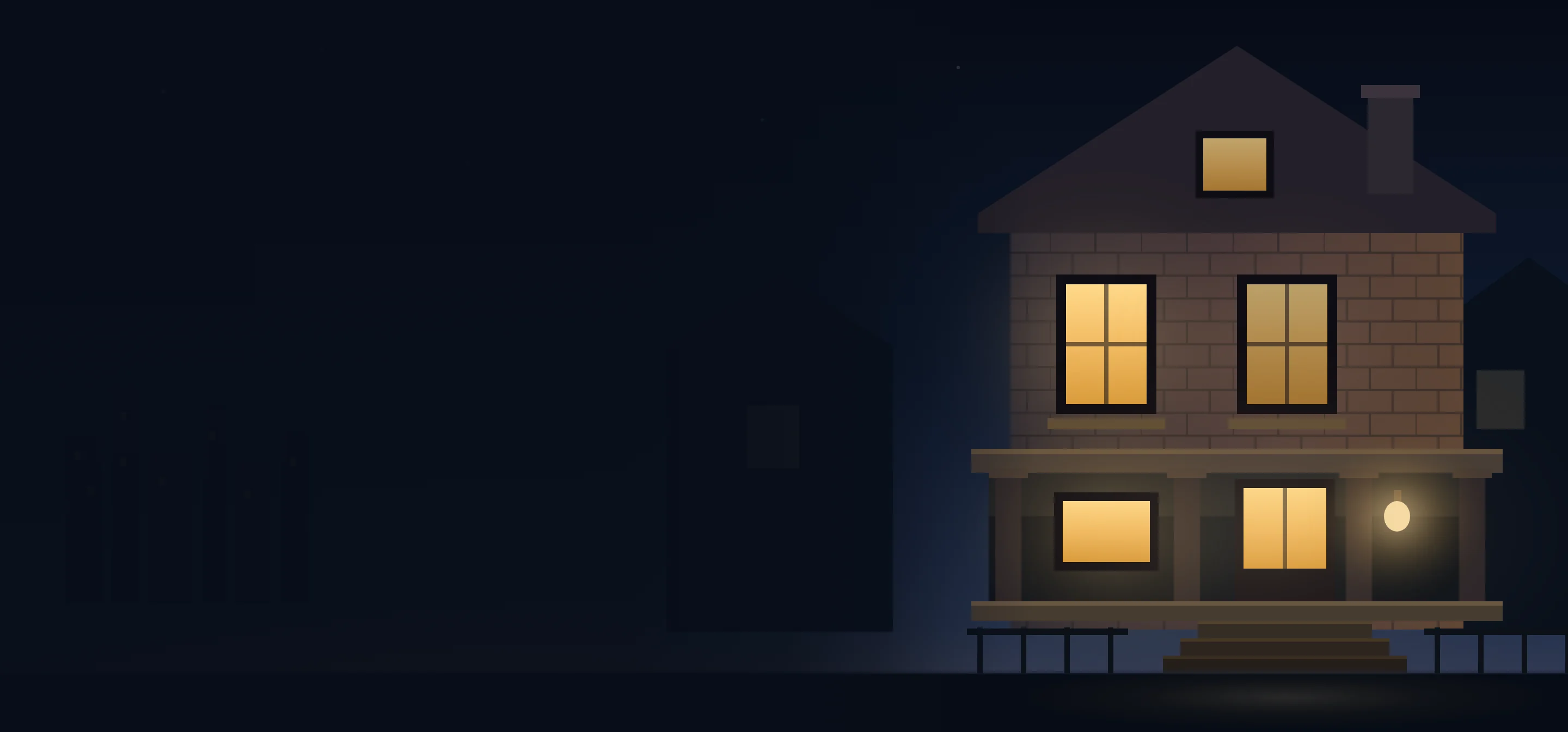 Illustration of a two-story Detroit brick home at night, porch light on and windows lit