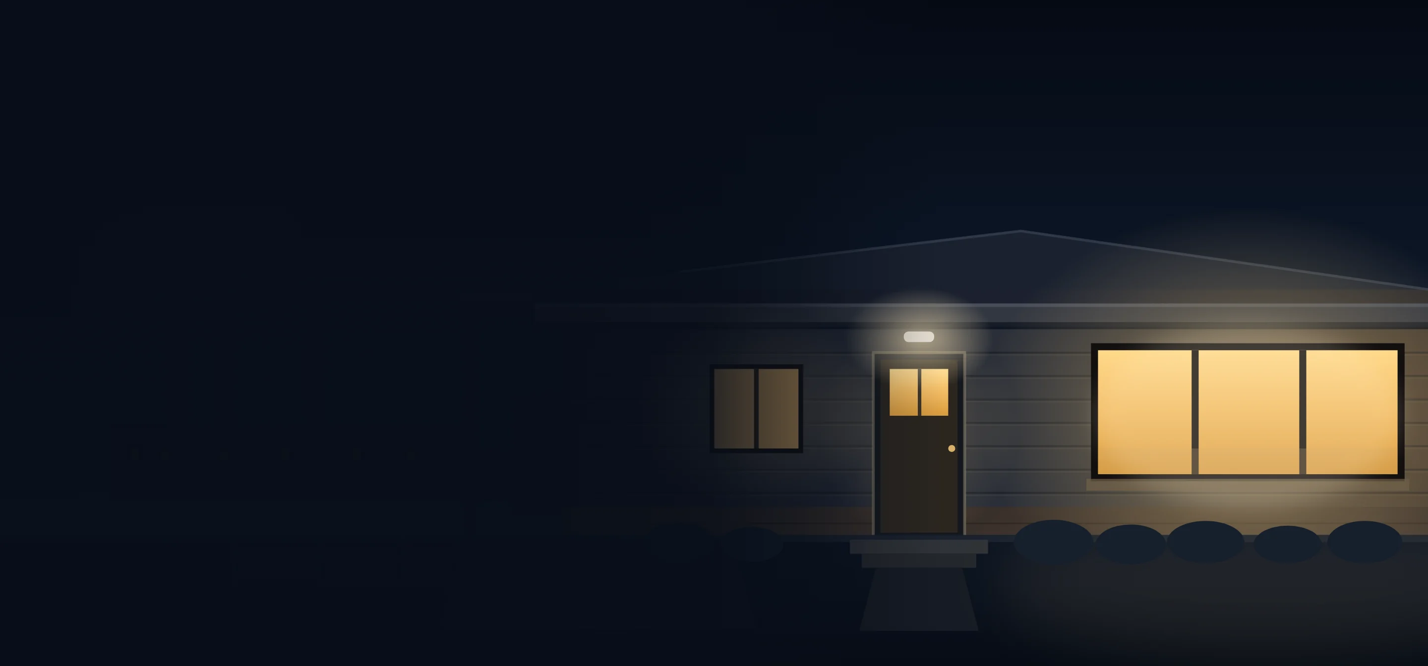 Illustration of a low Flint ranch house at night with a lit picture window and porch light