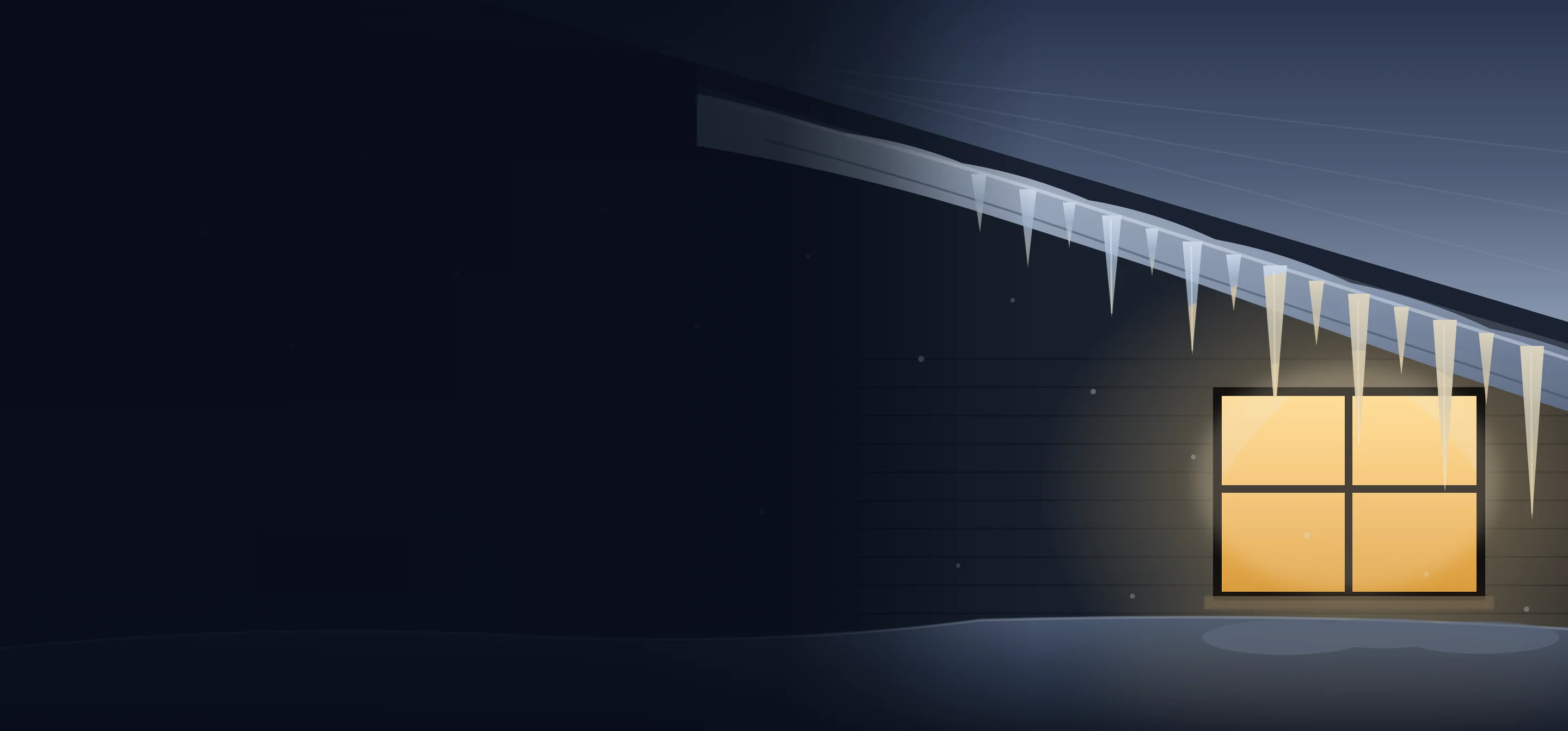 Illustration of icicles and an ice dam along a Kalamazoo roof eave at night above a lit window