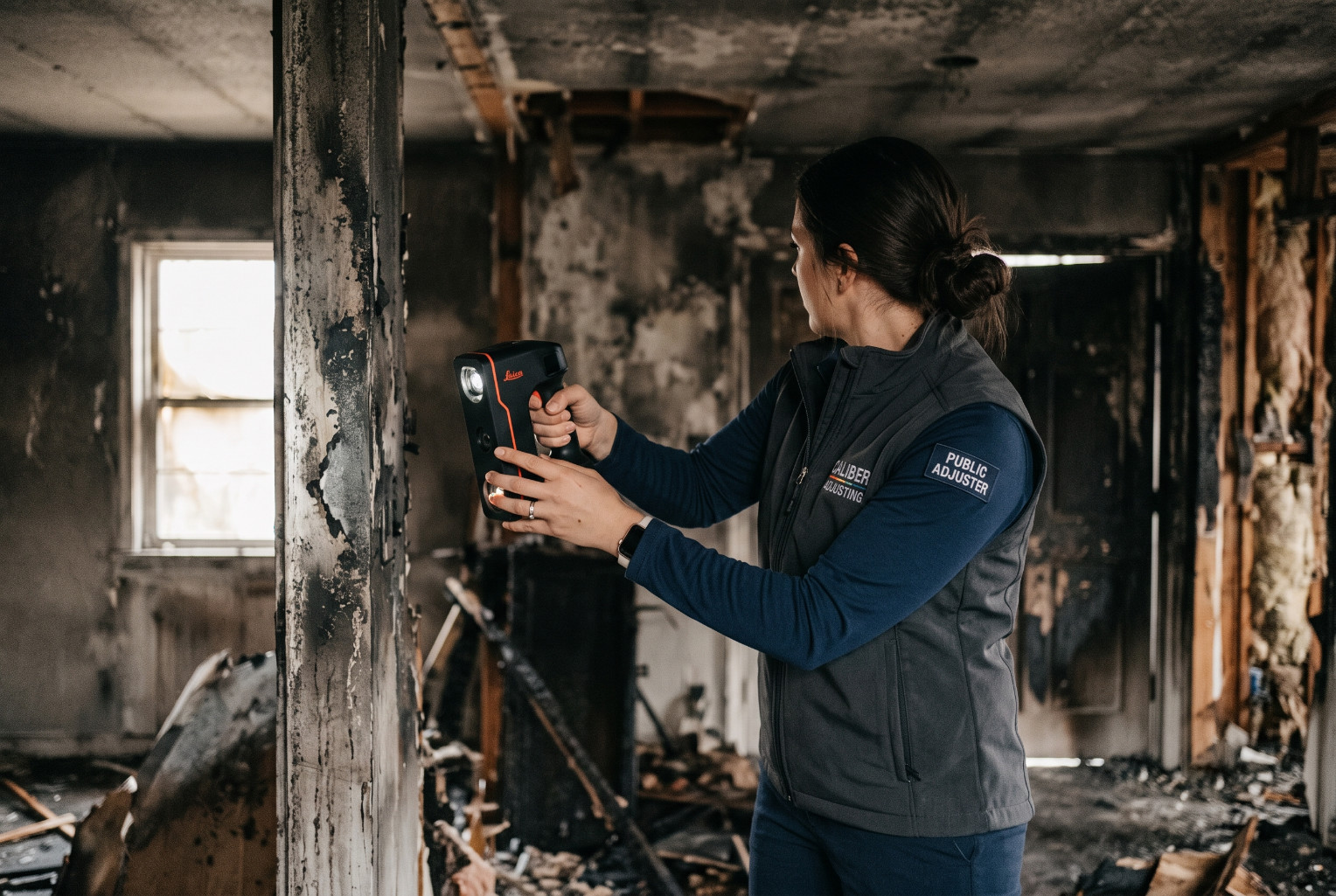 Public adjuster documenting a fire-damaged room with a camera and meter