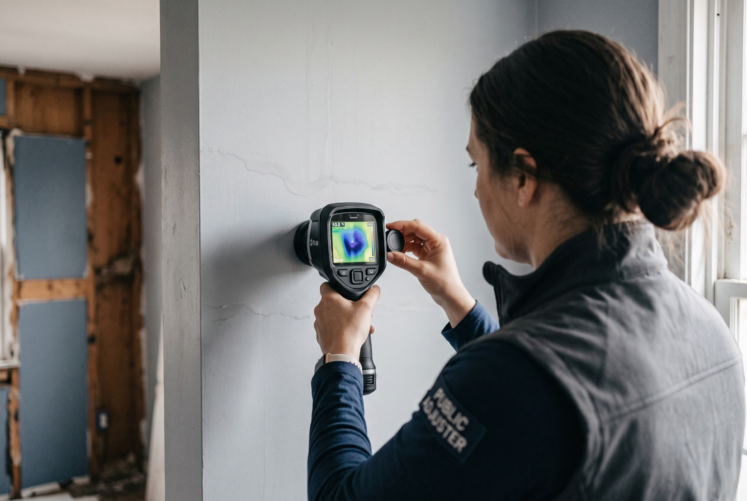 Public adjuster scanning a wall with a thermal camera to trace hidden water