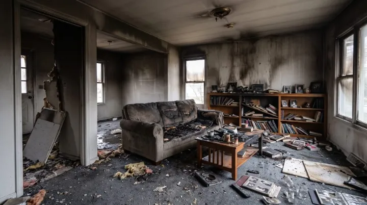 Burned-out residential living room after a house fire