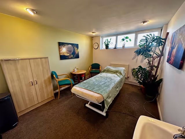 A massage table with a green cover is in a small room with plants and chairs.