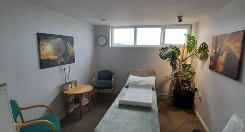 A treatment room with a massage table, two chairs, and a plant by the window.