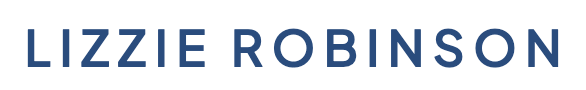 Text logo with the name Lizzie Robinson in uppercase blue letters on white background.