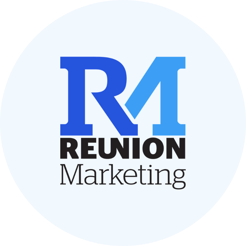 Logo with stylized letters R and M above the words Reunion Marketing in black text.