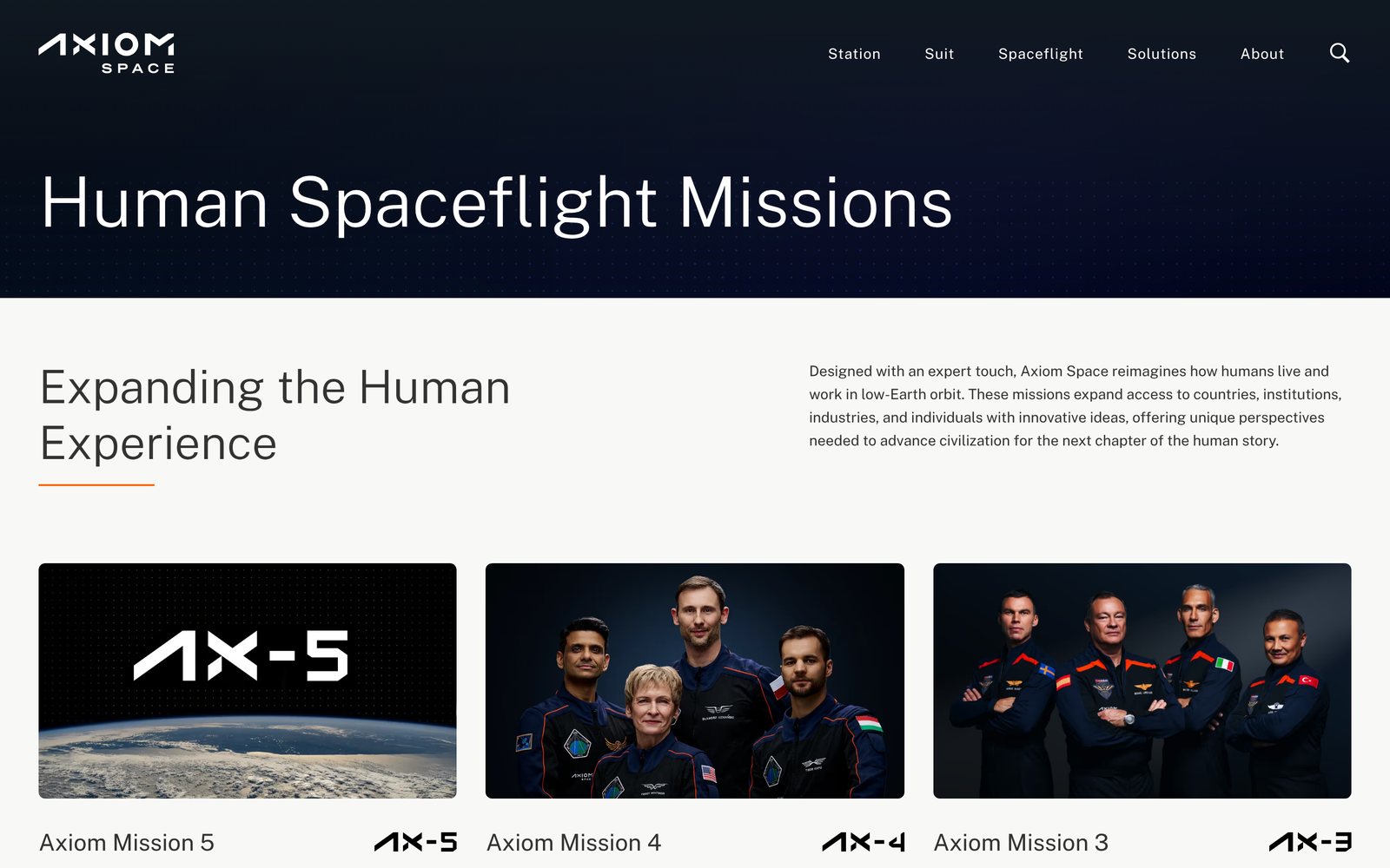 The missions index on the Axiom Space website