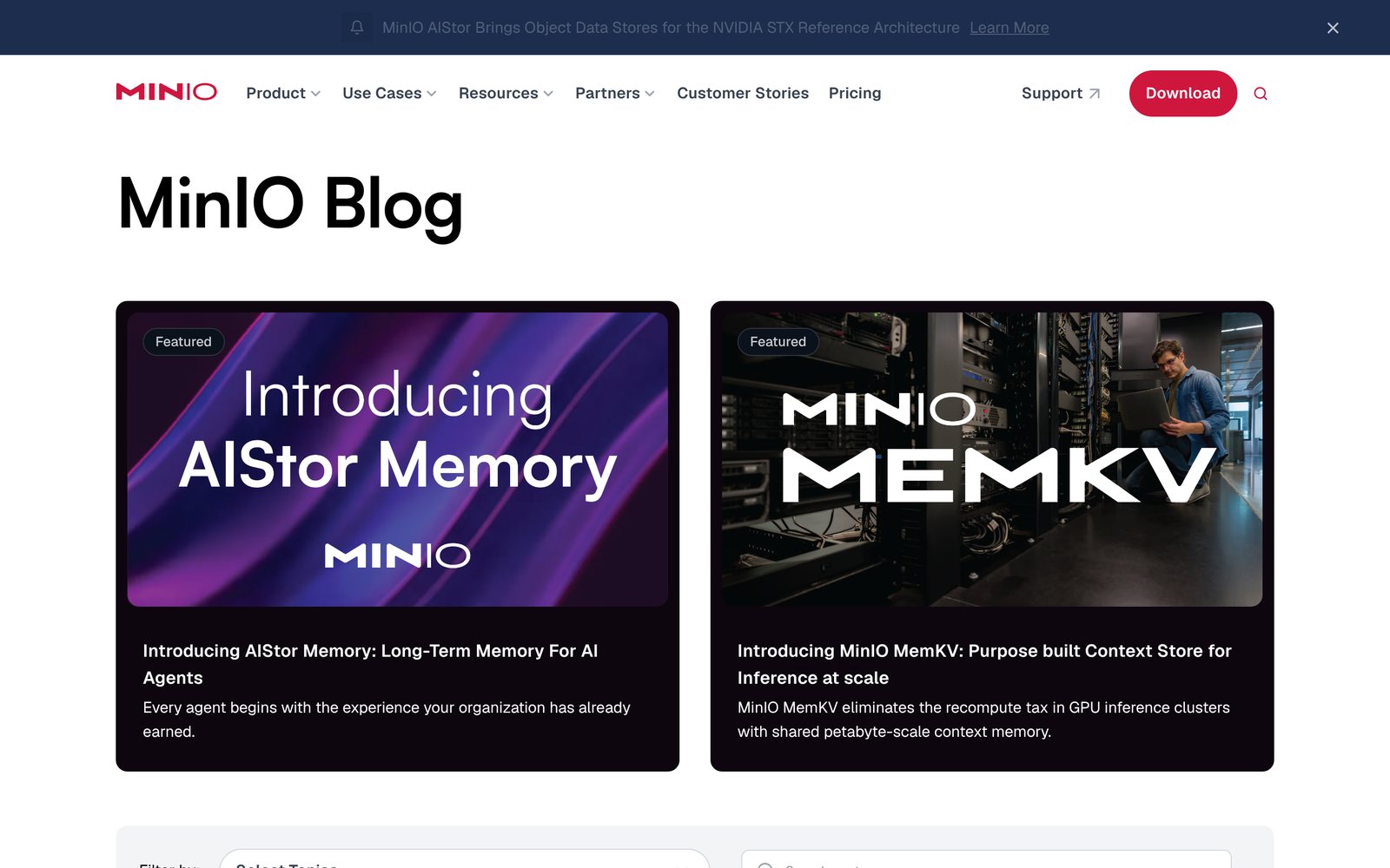 The MinIO blog running on Webflow CMS