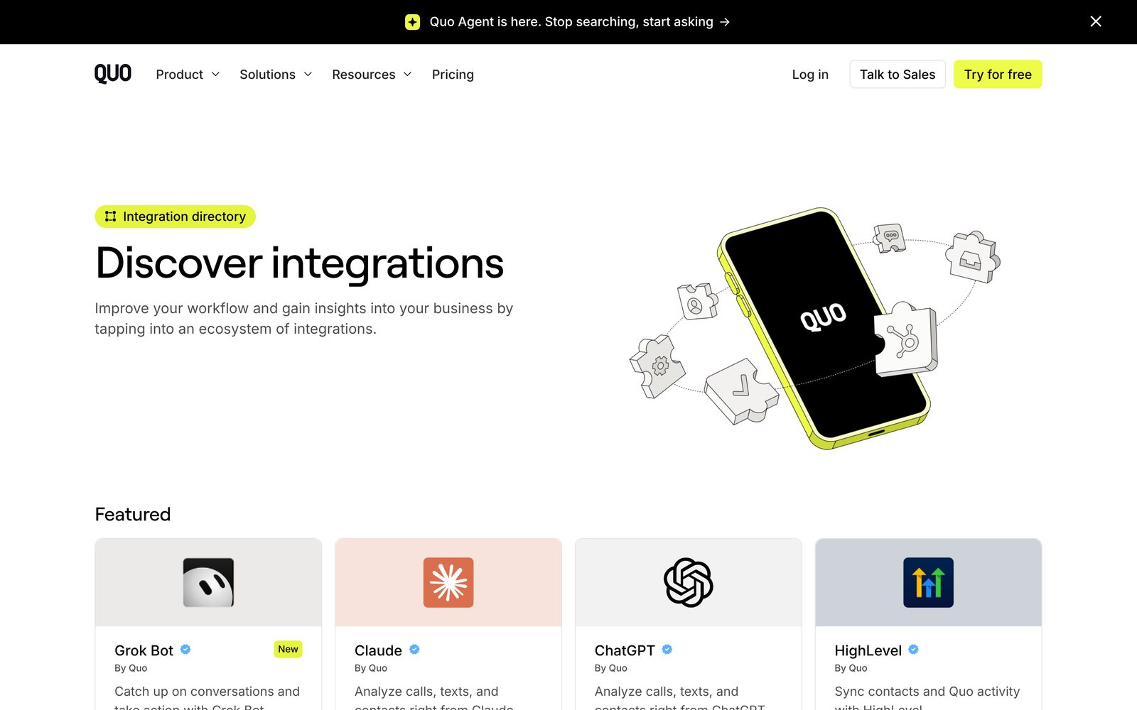 The Quo integrations directory on Webflow