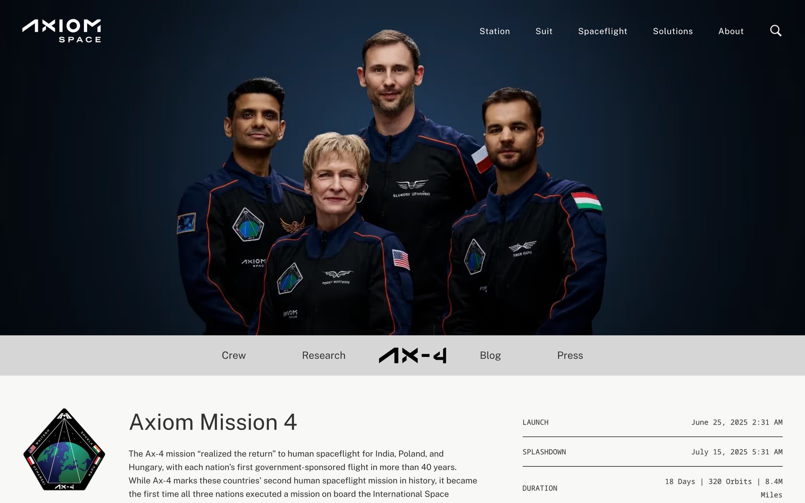A mission page on the Axiom Space website