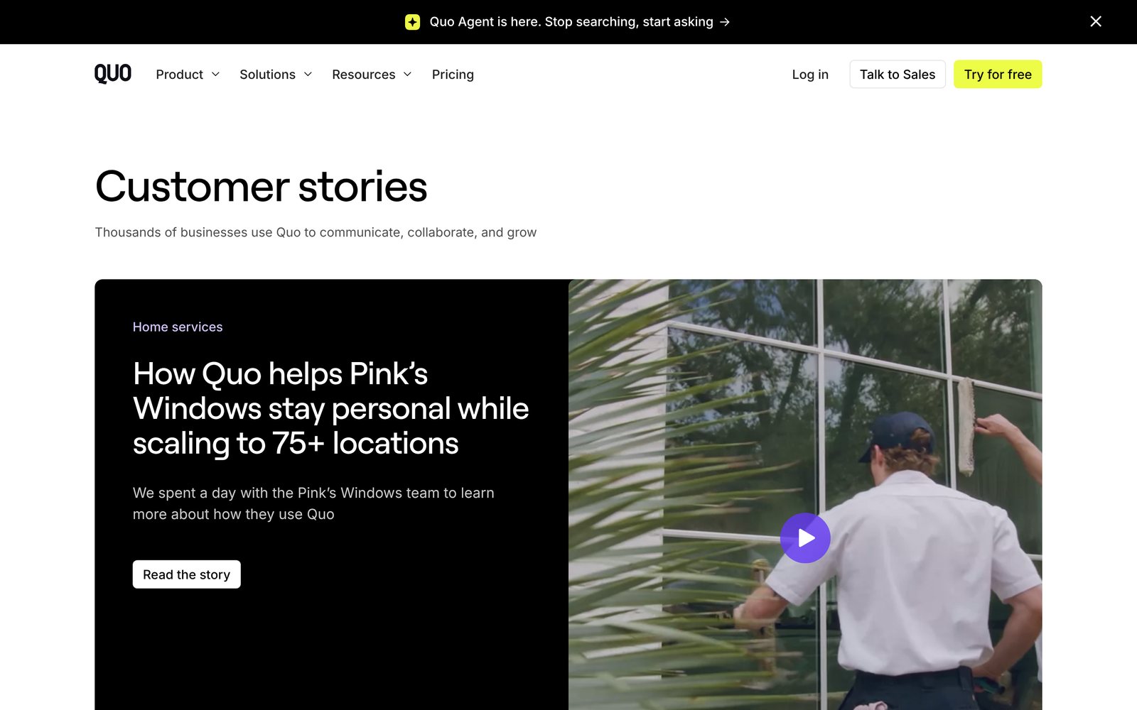 Customer stories page on quo.com