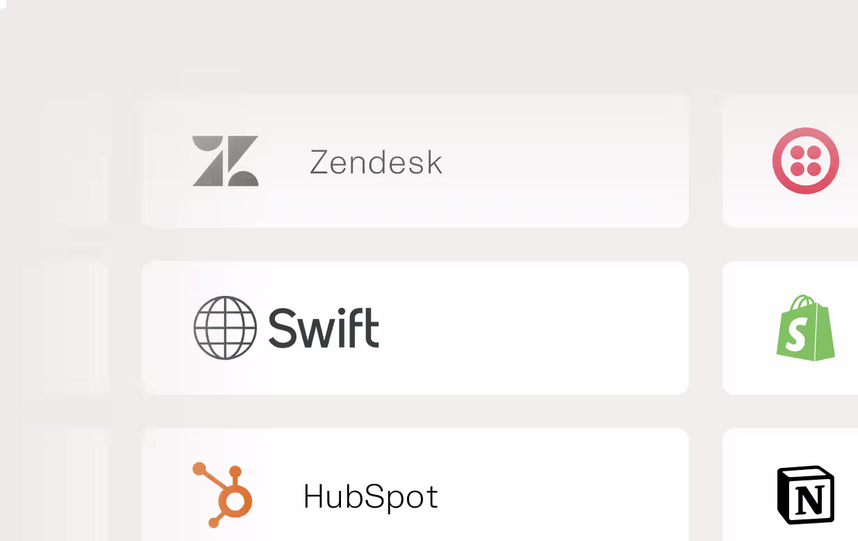 Swift, Zendesj, Hubspot, Shopify