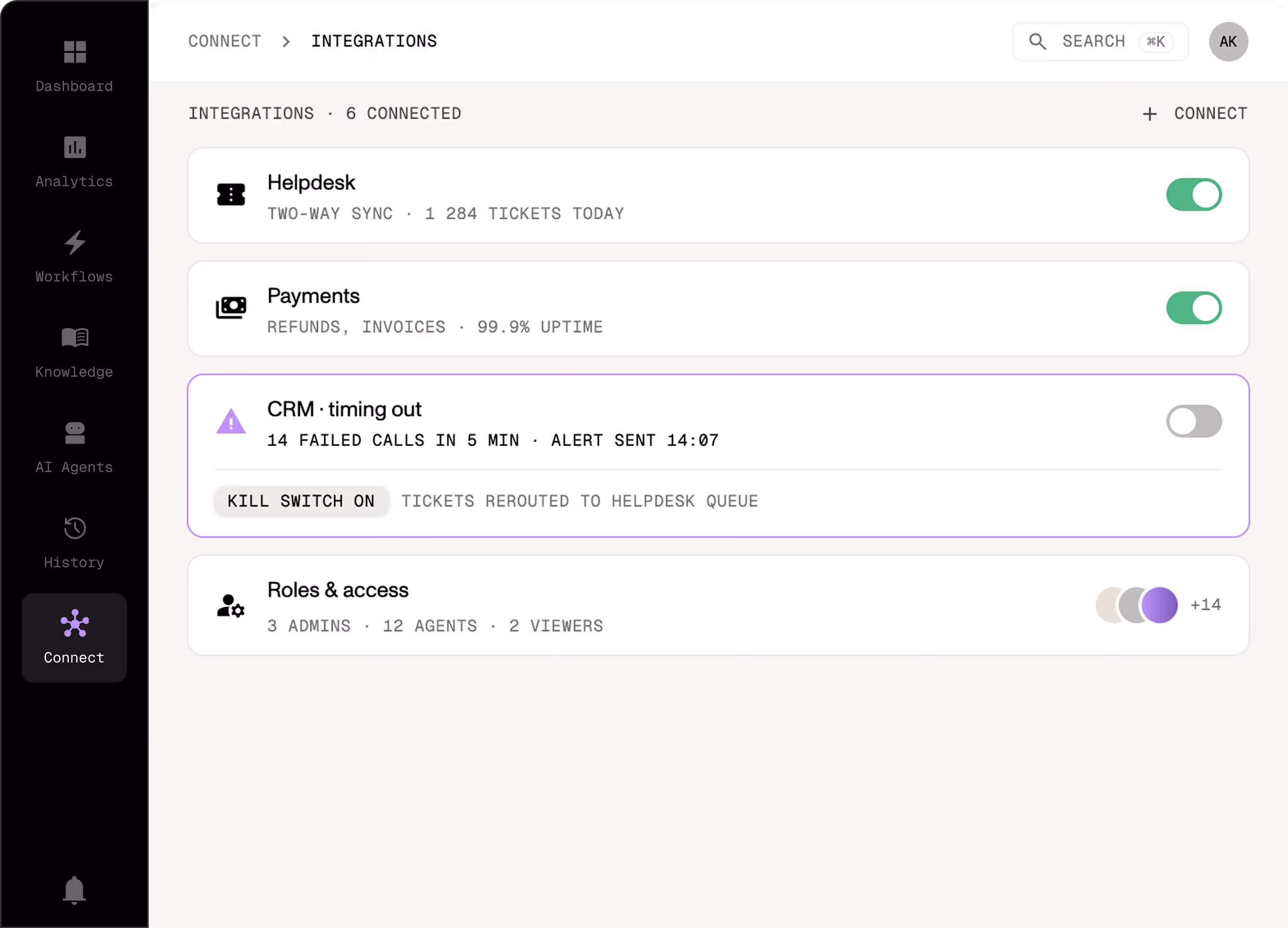 Evly AI customer service agent integrations screen: Zendesk connected, Shopify and Gmail syncing, plus HubSpot, Notion, Intercom, Confluence, Salesforce, and Google Drive. Evly learns from help articles, saved replies, and past tickets.