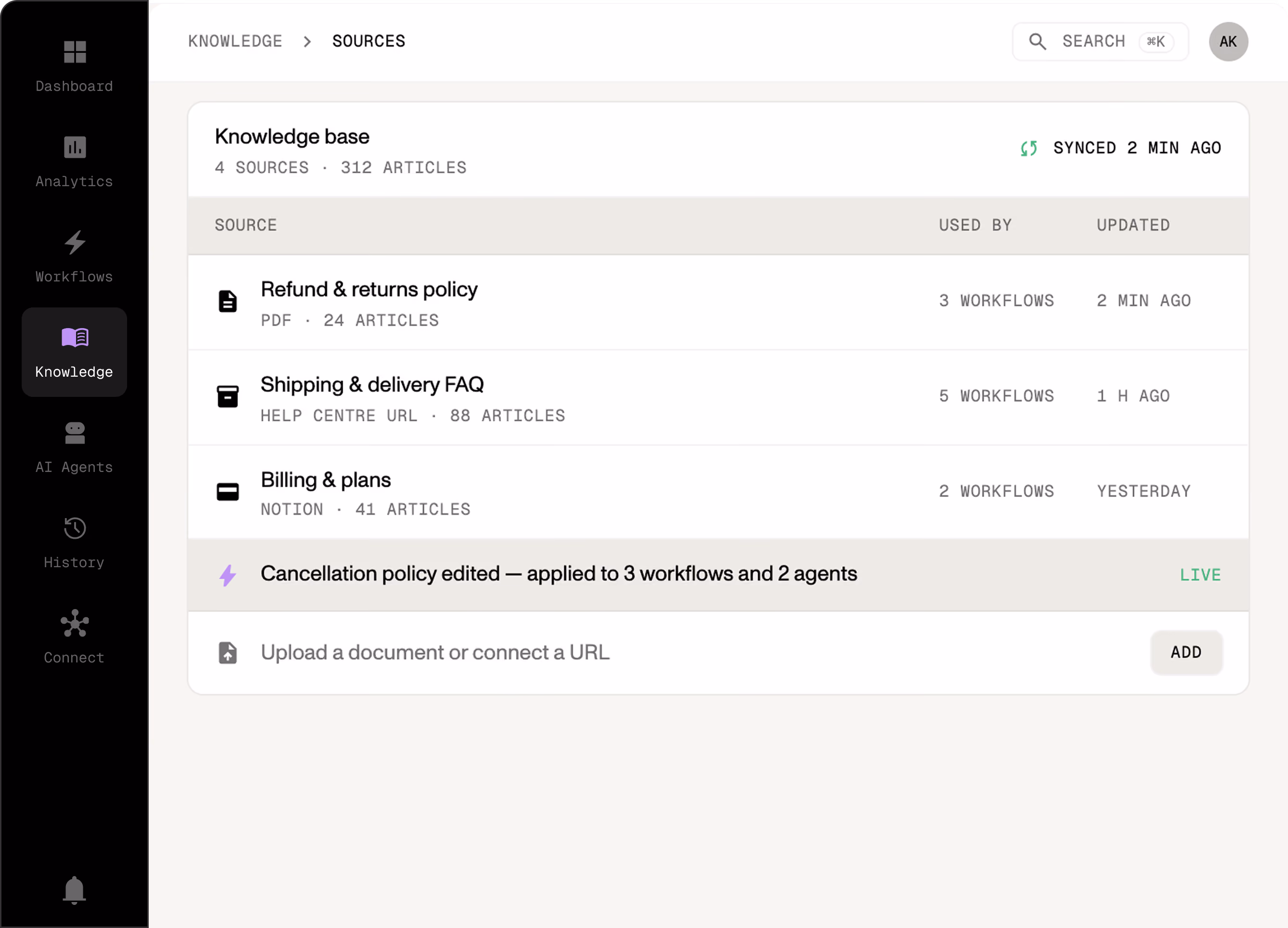 Evly knowledge base for generative AI customer service: refund policy, shipping FAQ, and billing docs are synced from a PDF, a help center URL, and Notion. One policy edit goes live across 3 workflows and 2 agents.