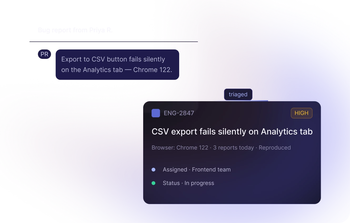 Bug report shows CSV export fails silently on Analytics tab in Chrome 122, assigned to frontend team in progress.