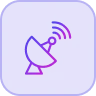 Pink satellite dish icon emitting signals on a purple background.
