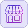 Purple storefront icon with a door and window on a blue background.