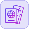 Icon of a passport and a boarding pass in purple on a blue background.