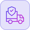 Pink delivery truck icon with a checkmark inside a heart shape on purple background.