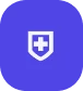 White shield with a cross inside a white square on a blue circular background.