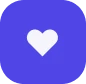 White heart icon on a purple circular background.