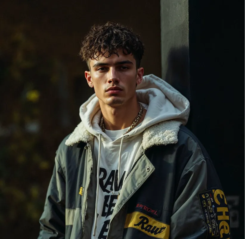 Young man with curly hair wearing a hooded sweatshirt and jacket with yellow lettering on sleeve.