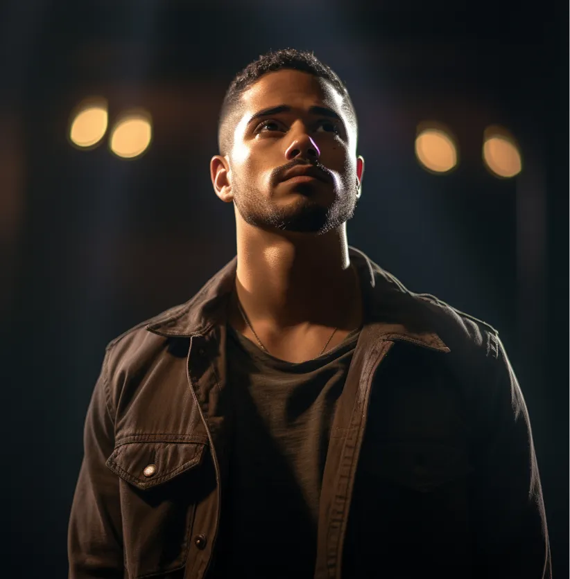 Young man with short hair and beard looking up, lit against dark background with blurred lights.
