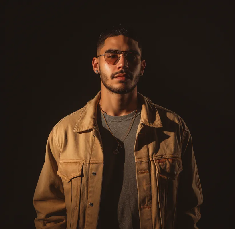 Man with beard and sunglasses wearing a tan jacket and gray shirt against a dark background.