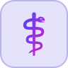 Pink caduceus medical symbol with staff and two snakes on blue background.