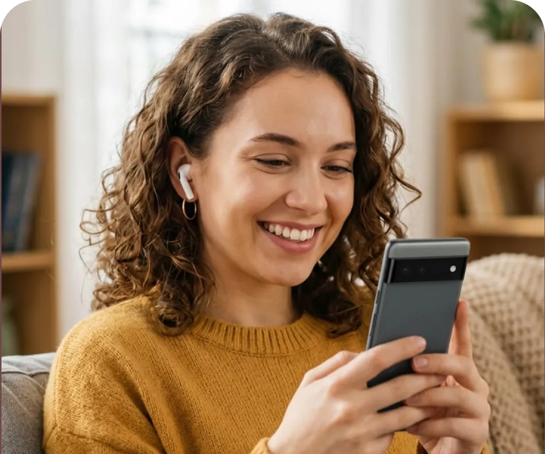 a woman smiling while holding a phone