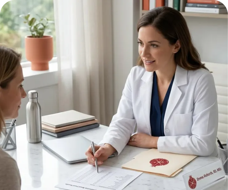 a woman in a white coat sitting at a table with a pen