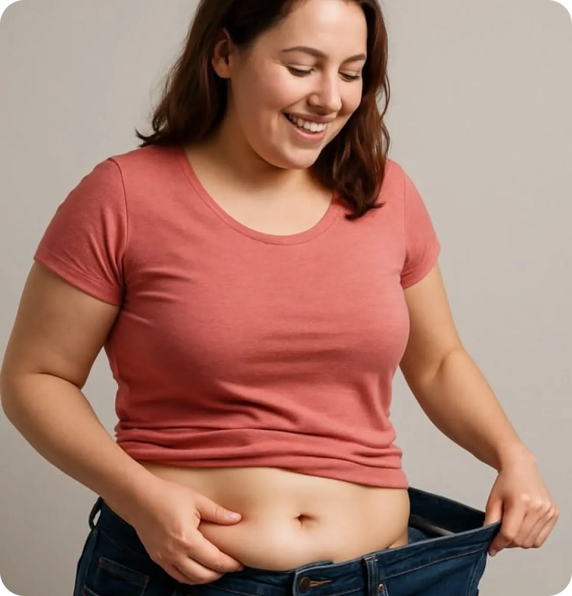a woman wearing jeans and a pink shirt