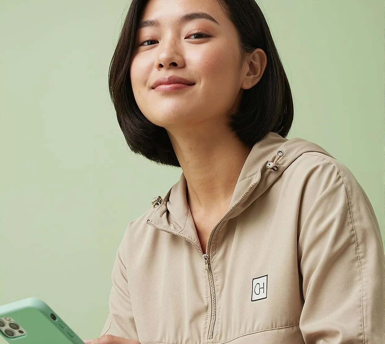 a woman smiling with a green phone