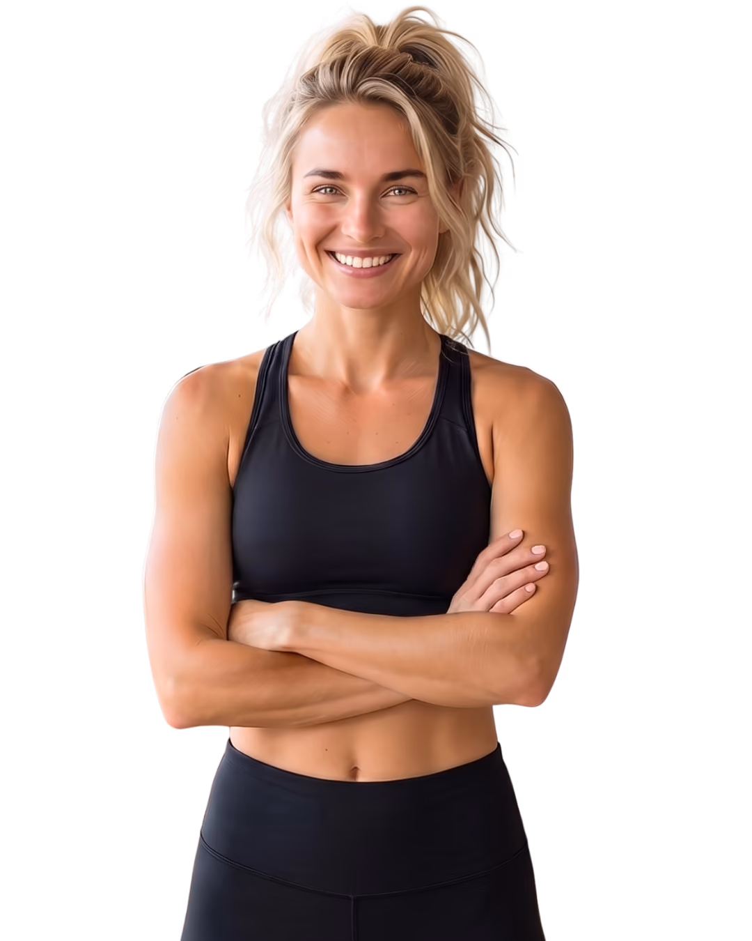 a woman with blonde hair and a black tank top