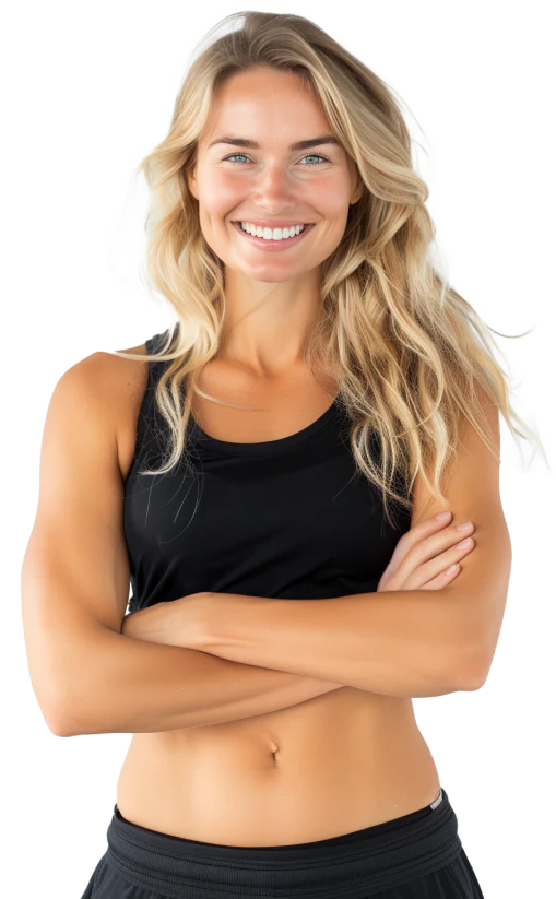 Smiling fit woman with long blonde hair in black sportswear with arms crossed.